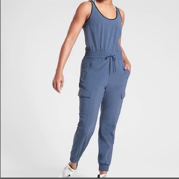 Athleta Unbound Jumpsuit Cargo Blue Relaxed Sleeveless Stretchy Loose Sz Large T - Picture 2 of 9
